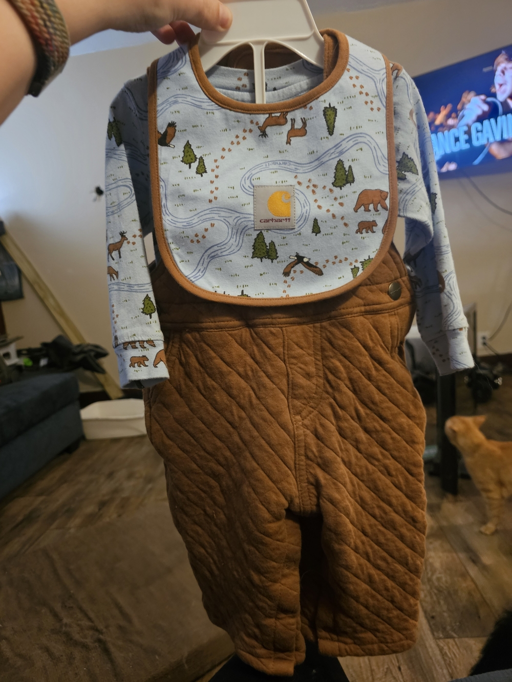 Carhartt Light Blue Woodland Print Top with Brown Quilted Overalls & Bib
